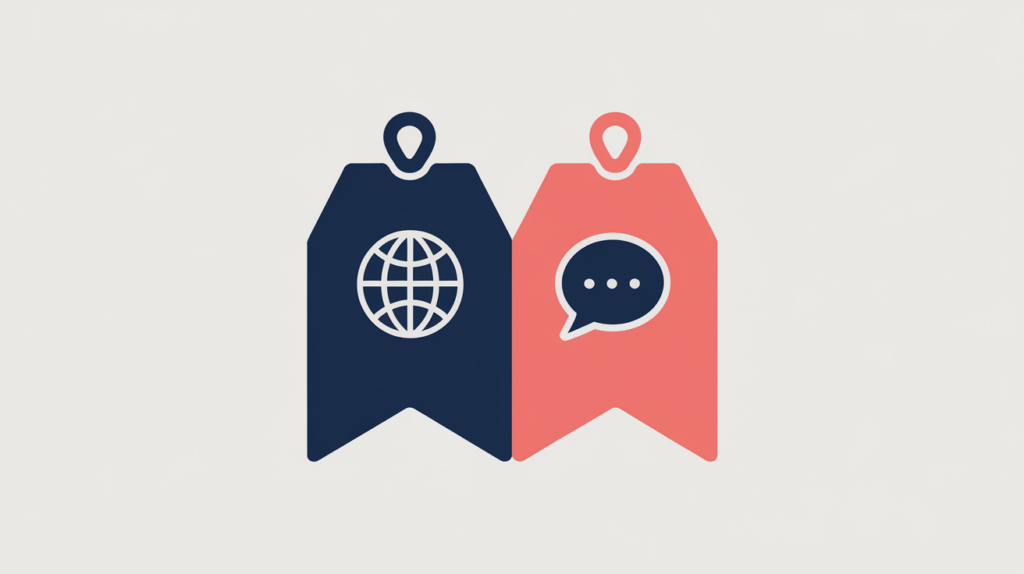 Abstract illustration of a globe-and-speech-bubble language marker carrying a JSON-LD structured-data tag beside a plain marker, in RankGear indigo and coral.