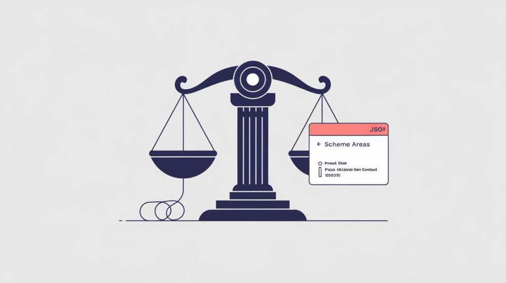 Abstract illustration of a legal-service emblem linked to a JSON-LD structured-data node, in RankGear indigo and coral.