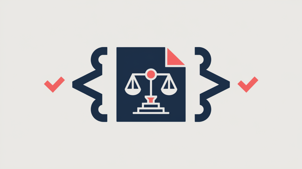 Abstract illustration of a legal statute document inside JSON-LD brackets with a presence checkmark, in RankGear indigo and coral.