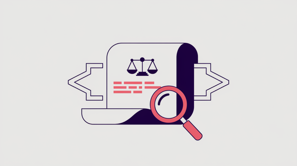 Abstract illustration of a legislation document wrapped in JSON-LD braces detected by a text pattern match, in RankGear indigo and coral.