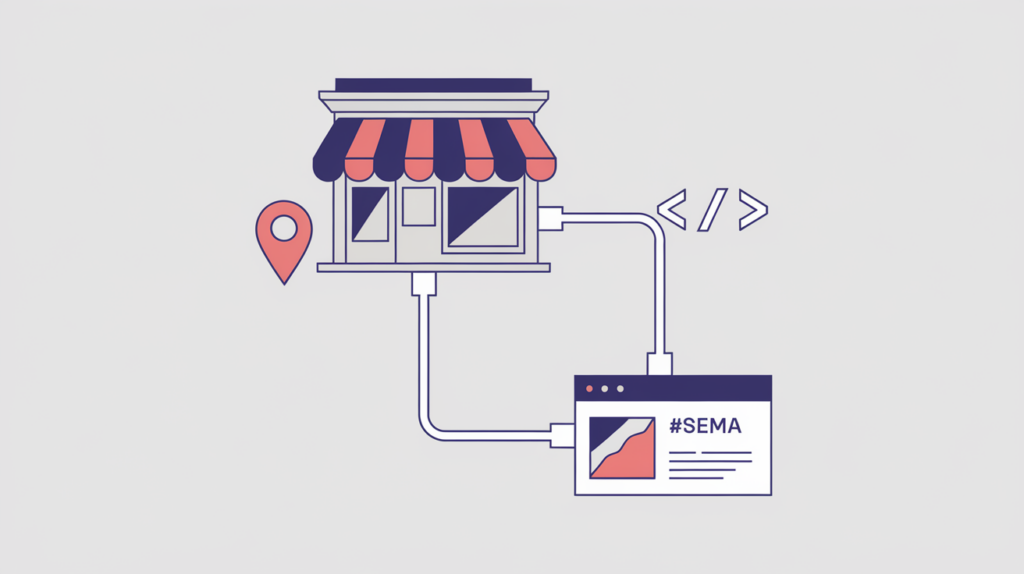 Abstract illustration of a local business entity linked to a JSON-LD structured-data node, in RankGear indigo and coral.