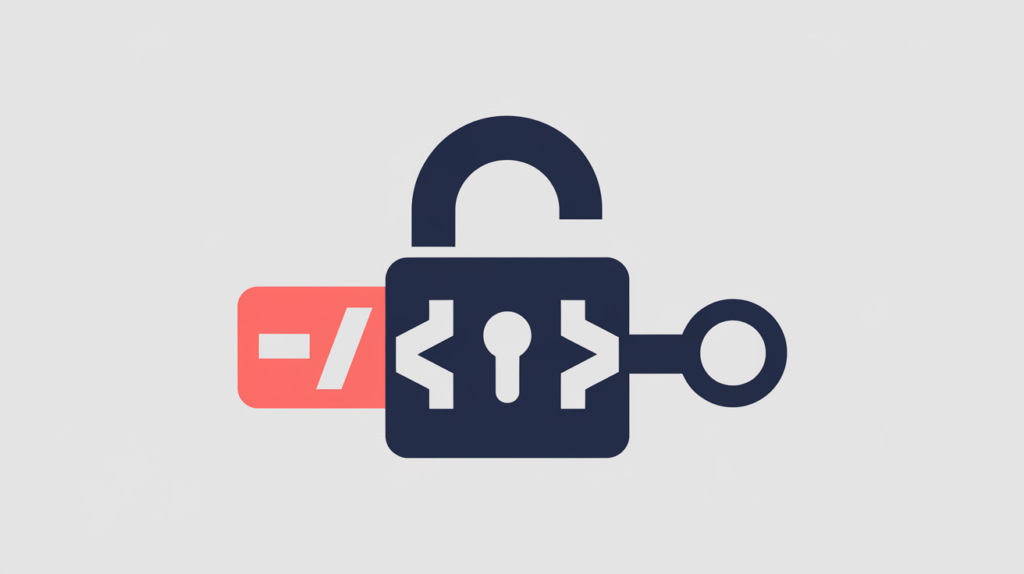 Abstract illustration of a padlock made from JSON braces representing Locksmith structured data, in RankGear indigo and coral.