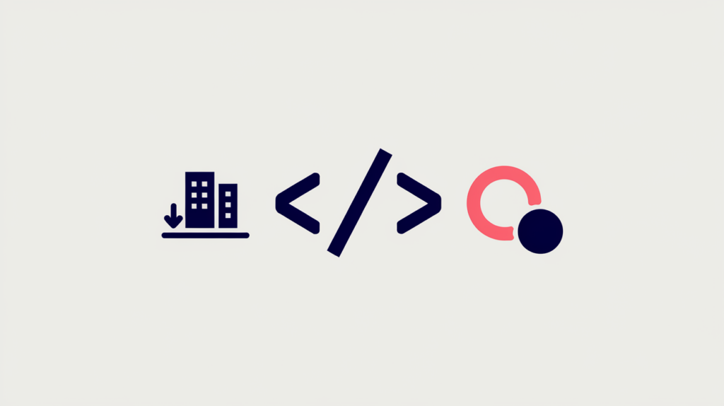 Abstract illustration of a lodging building paired with a JSON-LD code bracket and an on toggle, in RankGear indigo and coral.