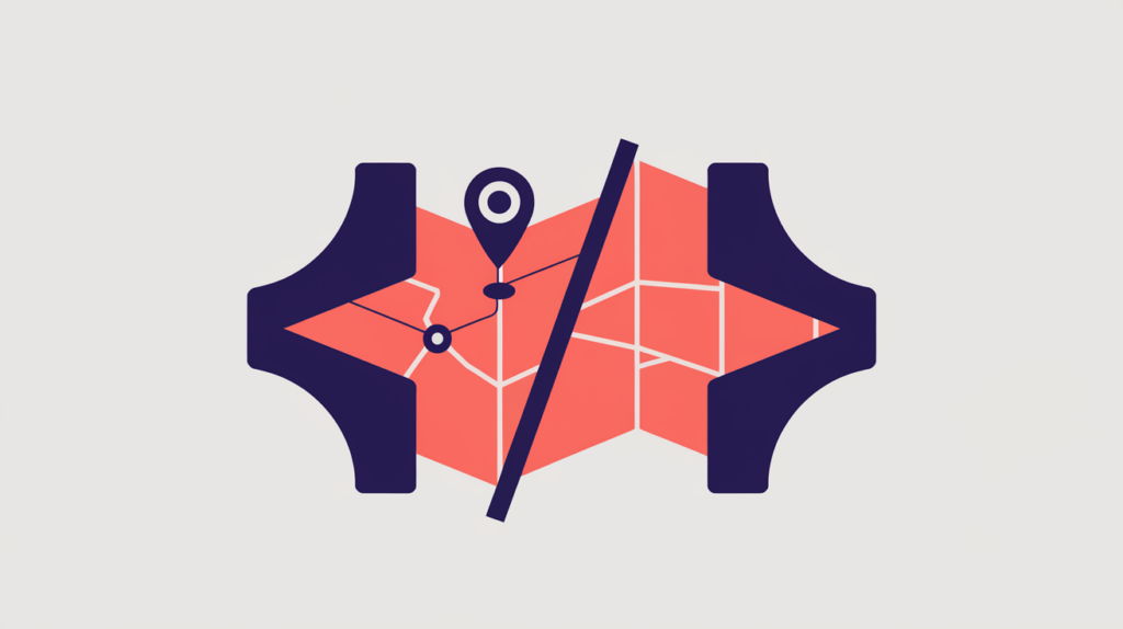 Abstract illustration of JSON-LD structured data linked to a folded map with a location pin, in RankGear indigo and coral.