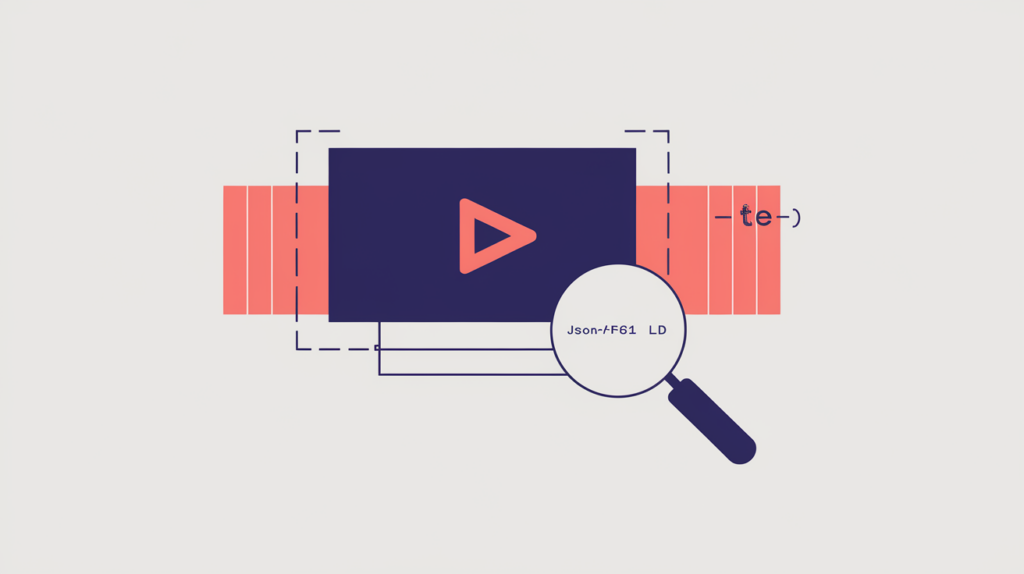 Abstract illustration of a media asset described by JSON-LD MediaObject markup being detected in page source, in RankGear indigo and coral.
