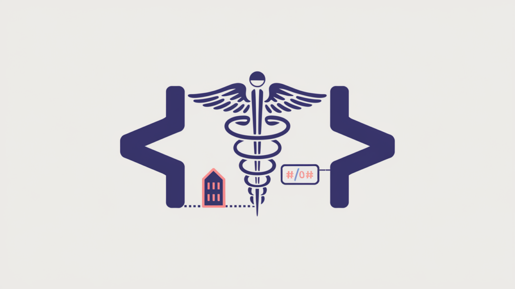 Abstract illustration of a medical business emblem inside a JSON-LD code bracket, in RankGear indigo and coral.