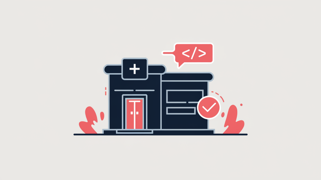 Abstract illustration of a medical clinic building paired with a JSON-LD schema tag and a presence checkmark, in RankGear indigo and coral.