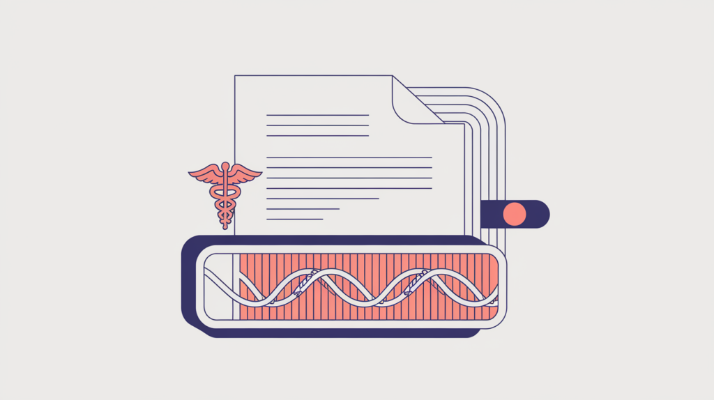 Abstract illustration of a medical scholarly article tagged with JSON-LD structured-data markup, in RankGear indigo and coral.