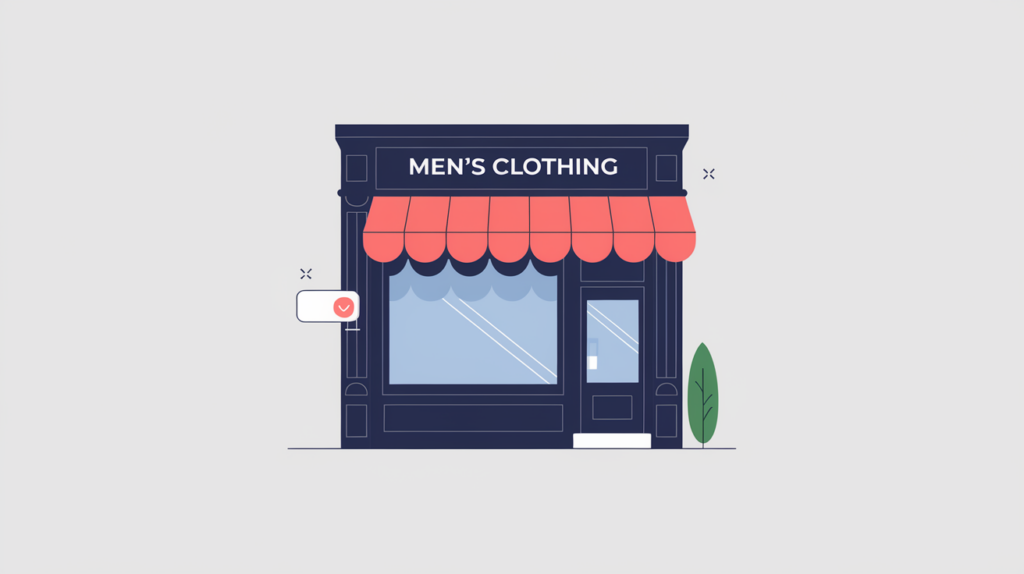 Abstract illustration of a men's clothing store represented as a JSON-LD MensClothingStore schema type node, in RankGear indigo and coral.