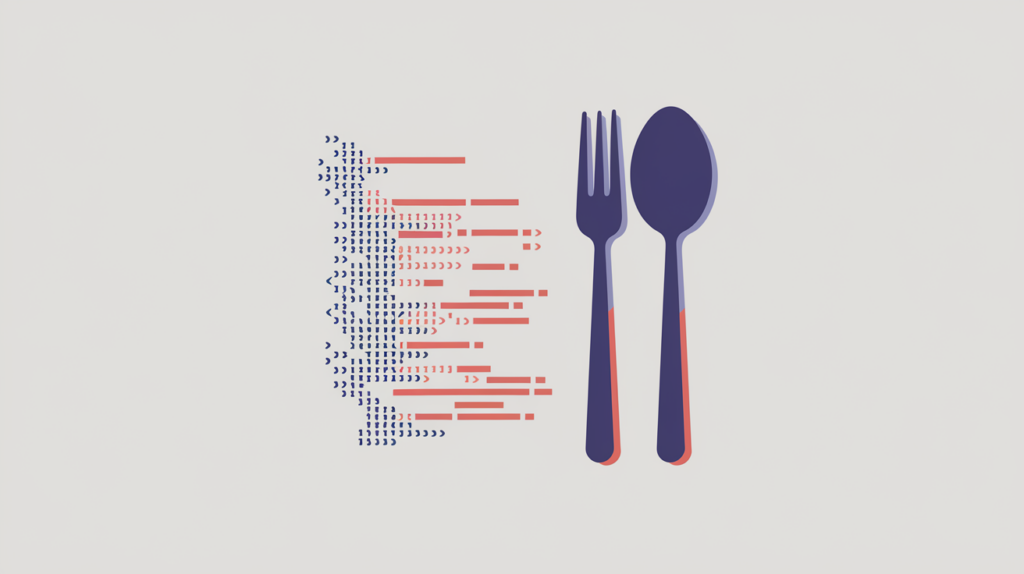 Abstract illustration of a restaurant menu encoded as JSON-LD structured data, in RankGear indigo and coral.