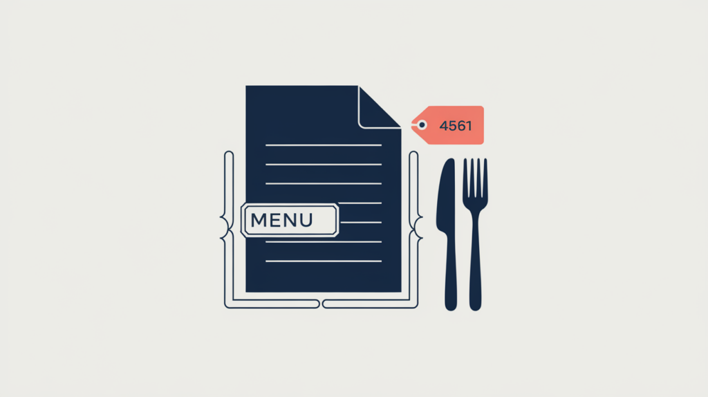 Abstract illustration of a menu item wrapped in a structured-data code bracket, in RankGear indigo and coral.
