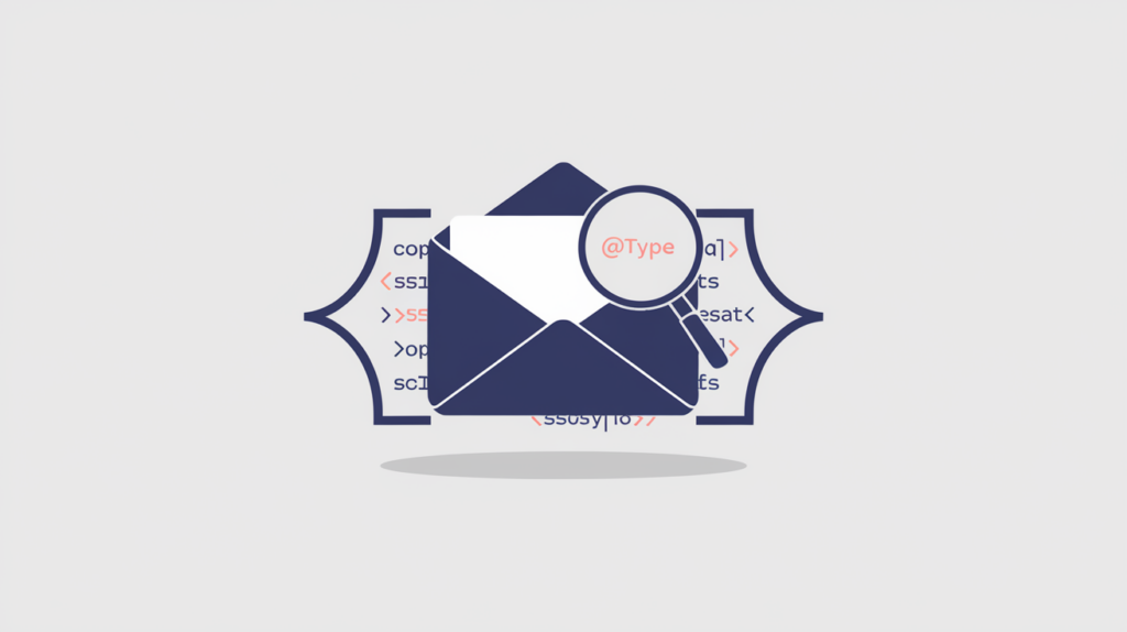 Abstract illustration of a message bubble inside JSON-LD braces being scanned for a Message schema type, in RankGear indigo and coral.
