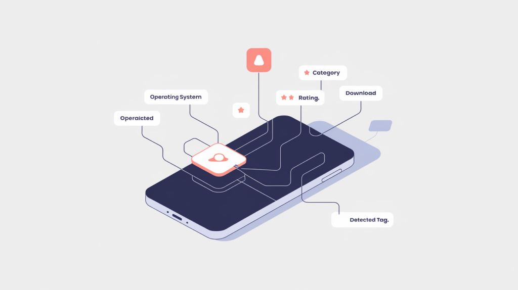 Abstract illustration of a mobile app schema card with connected metadata nodes, in RankGear indigo and coral.