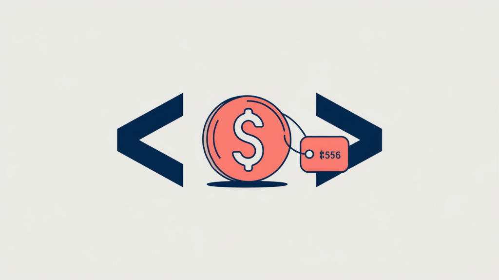 Abstract illustration of a MonetaryAmount value nested inside a JSON-LD code bracket, in RankGear indigo and coral.
