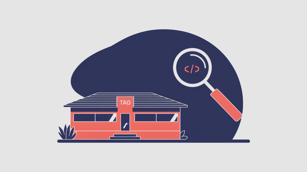 Abstract illustration of a motel and a magnifier detecting a JSON-LD schema tag, in RankGear indigo and coral.