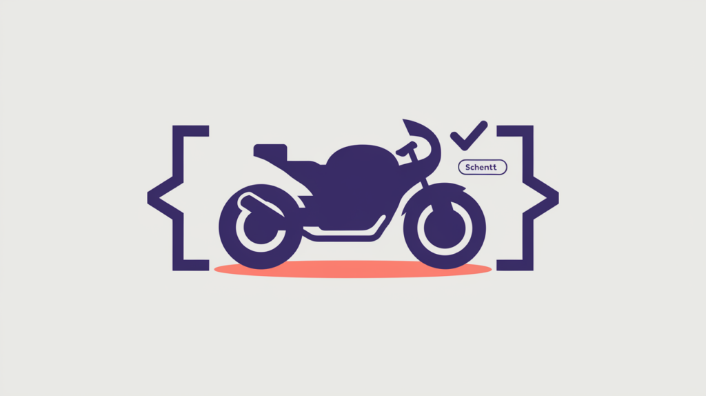 Abstract illustration of a motorcycle inside JSON-LD schema braces, in RankGear indigo and coral.