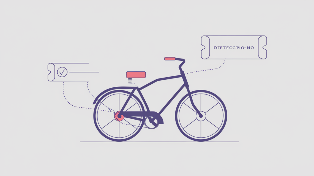 Abstract illustration of a motorized bicycle linked to a JSON-LD schema tag, in RankGear indigo and coral.