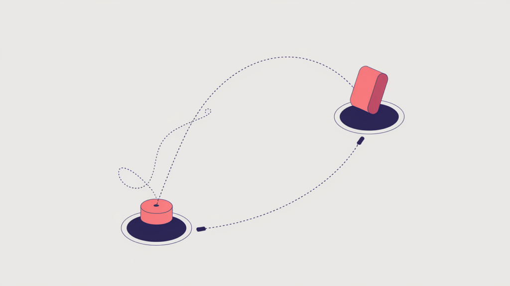 Abstract illustration of a JSON-LD MoveAction moving an object from origin to destination, in RankGear indigo and coral.