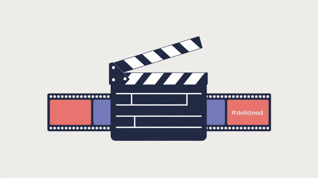 Abstract illustration of a movie clapperboard and film frames inside JSON-LD schema brackets, in RankGear indigo and coral.