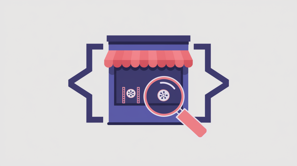 Abstract illustration of a movie-rental store wrapped in JSON-LD braces detected by a text pattern match, in RankGear indigo and coral.