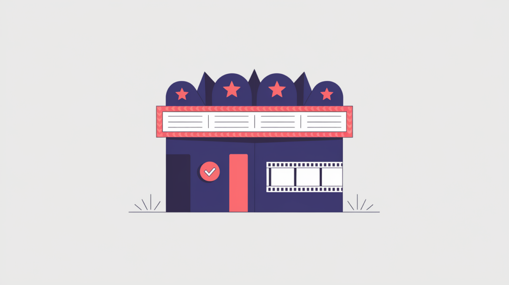 Abstract illustration of a movie theater represented as a JSON-LD structured-data node, in RankGear indigo and coral.
