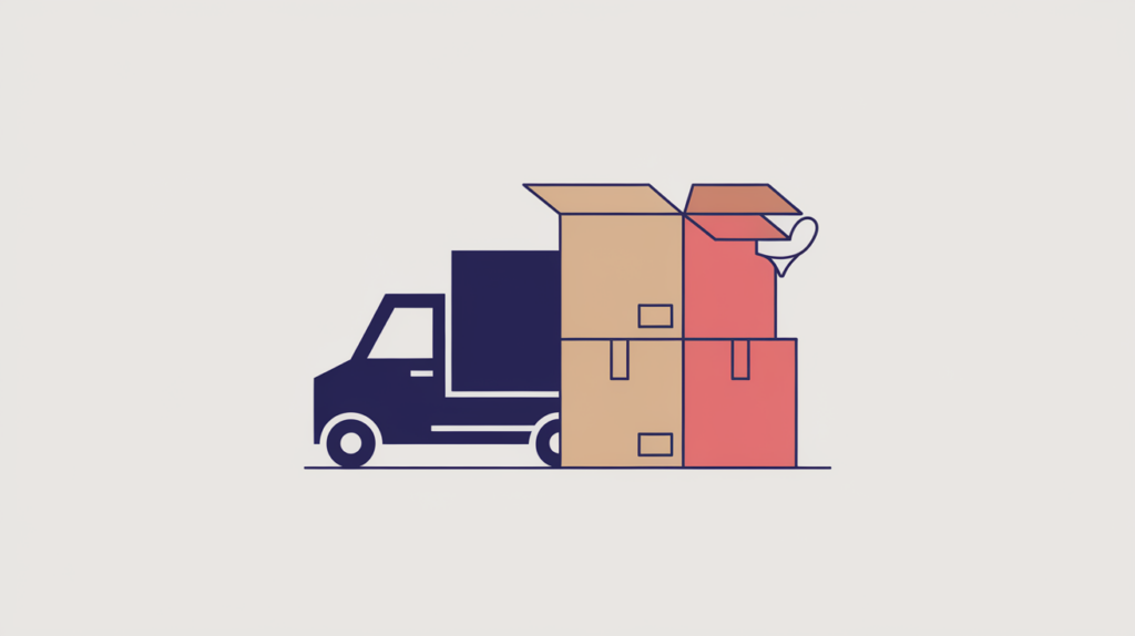 Abstract illustration of a moving truck and boxes enclosed in JSON-LD braces representing MovingCompany structured data, in RankGear indigo and coral.