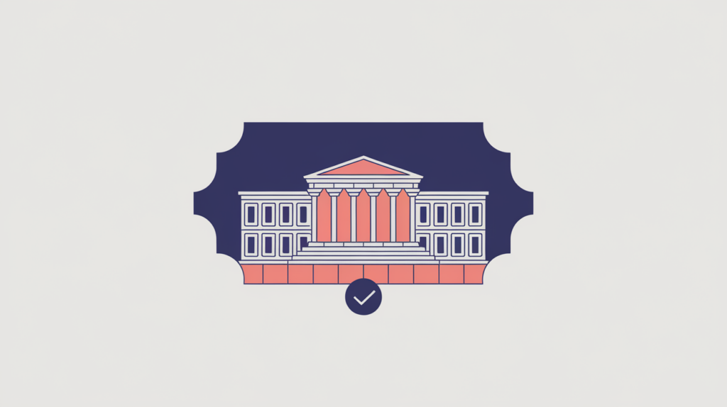 Abstract illustration of a museum building tagged as JSON-LD structured data, in RankGear indigo and coral.