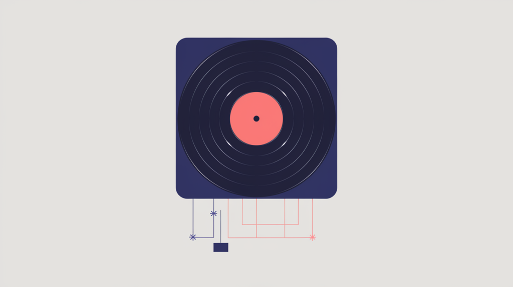 Abstract illustration of a music album linked to a JSON-LD structured-data tag, in RankGear indigo and coral.