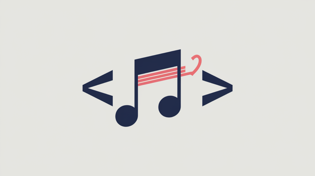 Abstract illustration of a musical note wrapped in code brackets representing MusicComposition structured data, in RankGear indigo and coral.