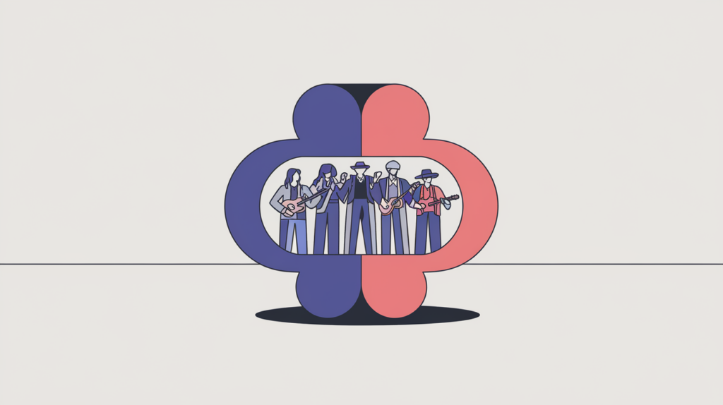 Abstract illustration of a musical group wrapped in a JSON-LD MusicGroup structured-data tag beside a plain page, in RankGear indigo and coral.