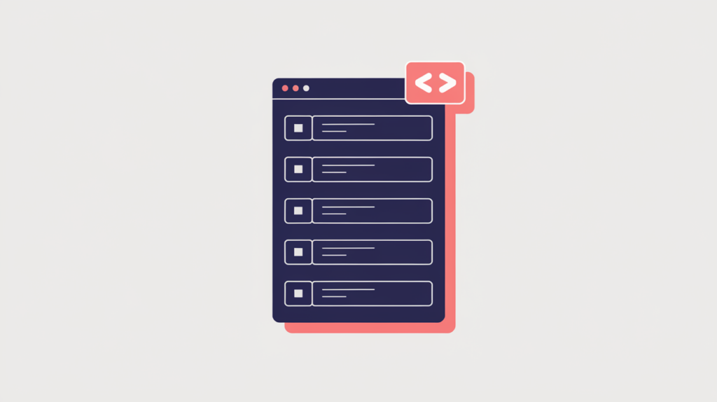 Abstract illustration of a music playlist card tagged with a structured-data code bracket, in RankGear indigo and coral.