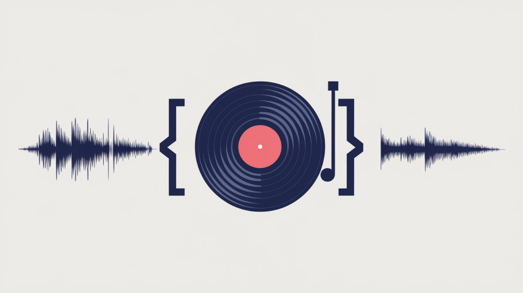 Abstract illustration of a music recording schema tag, a vinyl record and waveform inside code brackets, in RankGear indigo and coral.