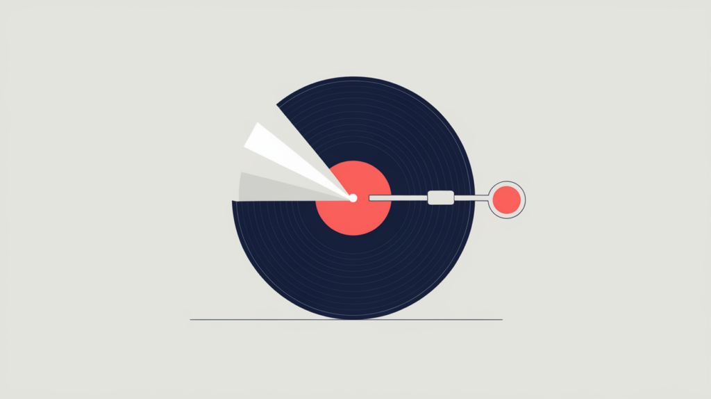 Abstract illustration of a vinyl music release paired with a structured-data tag detector, in RankGear indigo and coral.