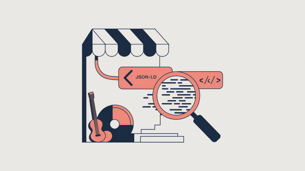 Abstract illustration of a music store schema badge being scanned for JSON-LD MusicStore markup, in RankGear indigo and coral.