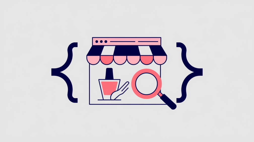 Abstract illustration of a nail-salon icon inside JSON-LD curly braces being scanned in raw HTML, in RankGear indigo and coral.