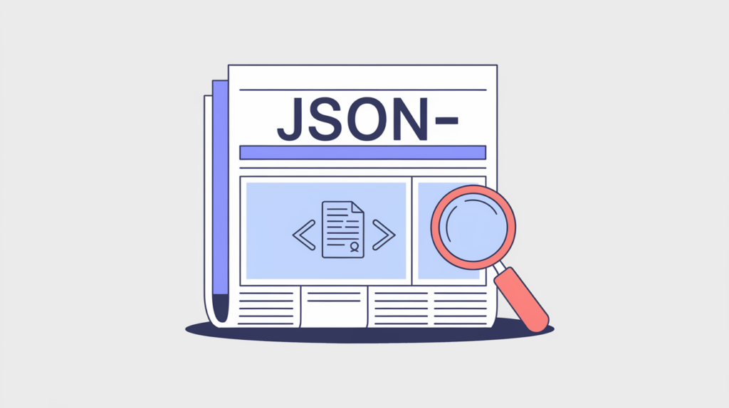 Abstract illustration of a news article page linked to a JSON-LD NewsArticle schema tag, in RankGear indigo and coral.