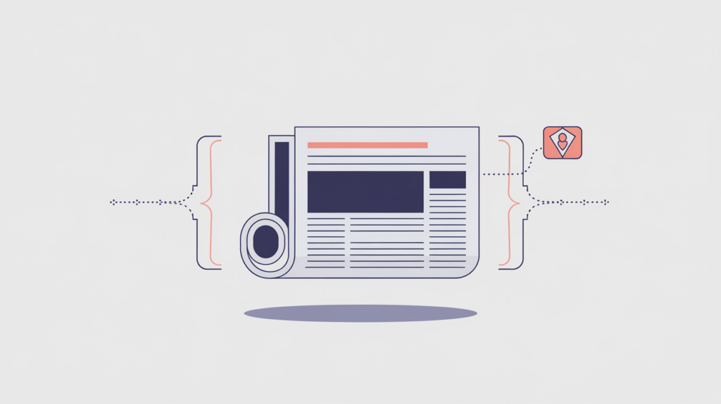 Abstract illustration of a news organization declared as JSON-LD structured data, in RankGear indigo and coral.