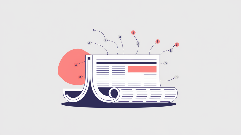 Abstract illustration of a newspaper masthead becoming a JSON-LD structured-data node, in RankGear indigo and coral.