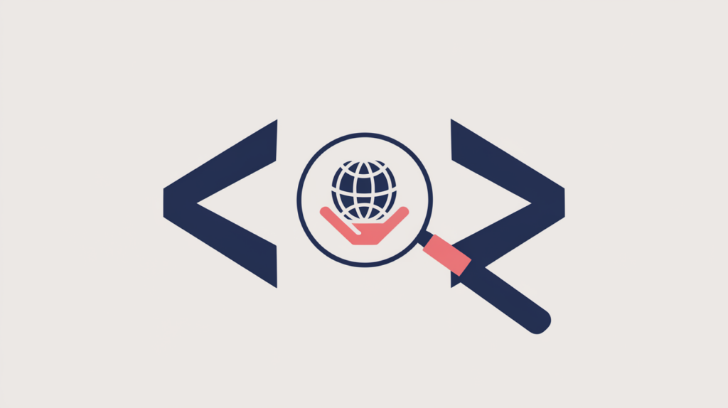 Abstract illustration of a JSON-LD code bracket around an NGO globe-and-hand emblem being scanned for a schema type, in RankGear indigo and coral.