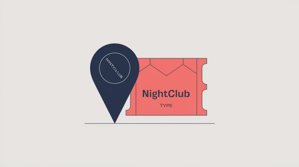 Abstract illustration of a nightclub venue tagged with a JSON-LD schema type, in RankGear indigo and coral.