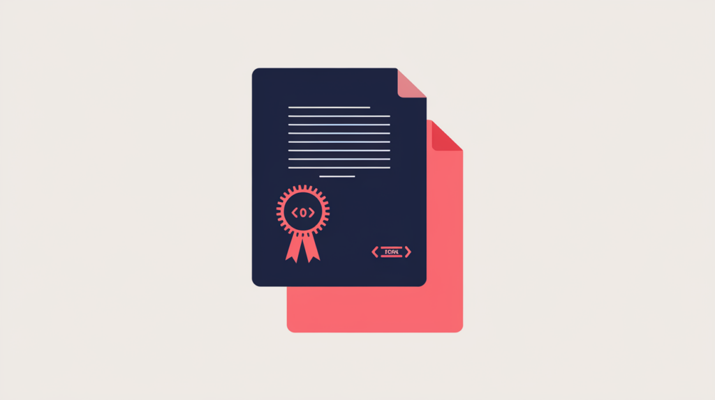 Abstract illustration of a notary document with a seal carrying a JSON-LD Notary structured-data tag beside a plain document, in RankGear indigo and coral.