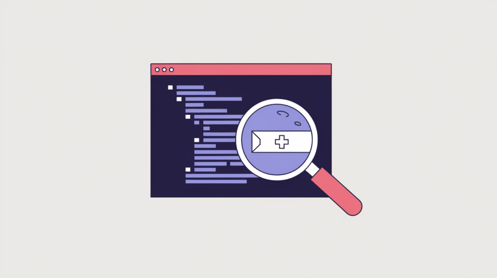 Abstract illustration of a lens detecting a Nursing JSON-LD schema type in raw HTML source, in RankGear indigo and coral.