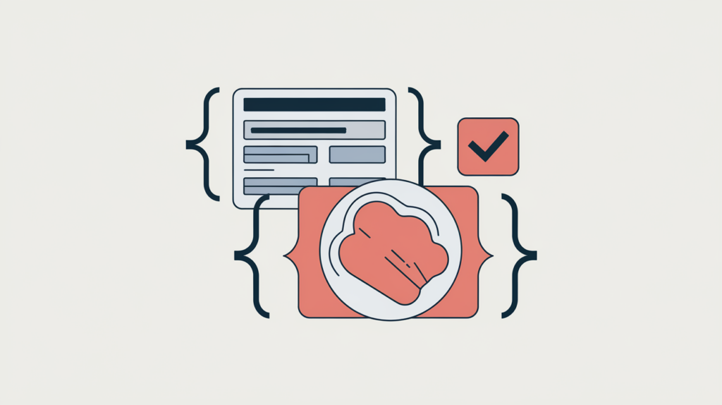 Abstract illustration of a nutrition-facts panel inside JSON-LD schema brackets, in RankGear indigo and coral.