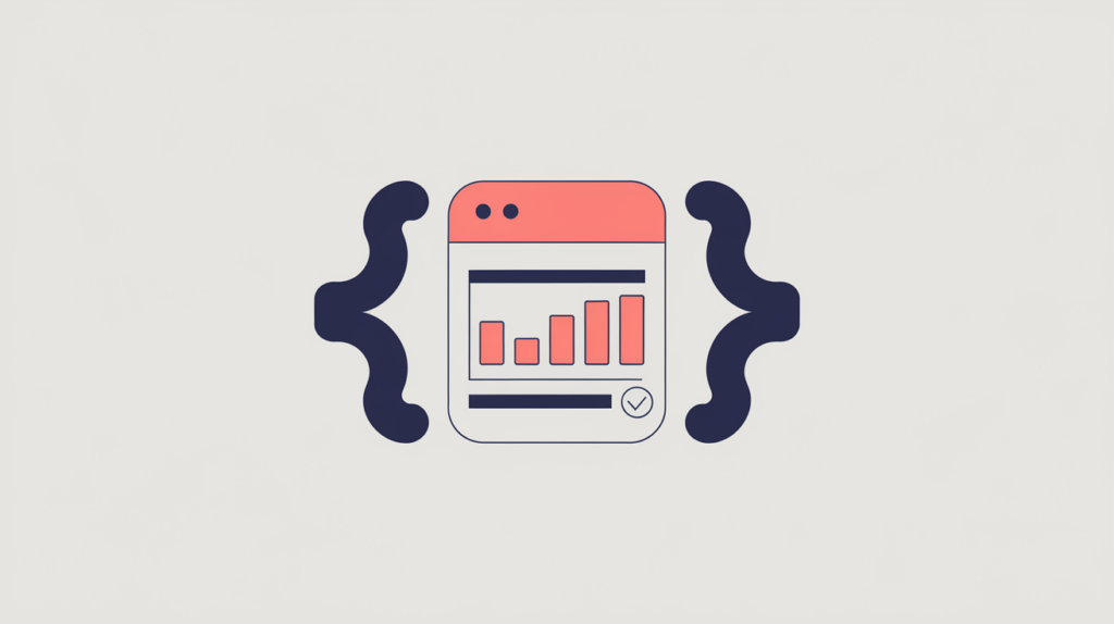 Abstract illustration of a recipe nutrition-facts panel wrapped in JSON-LD braces, in RankGear indigo and coral.