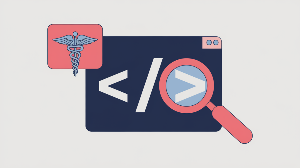 Abstract illustration of a JSON-LD code block marked with an obstetric medical symbol being scanned for a schema type, in RankGear indigo and coral.