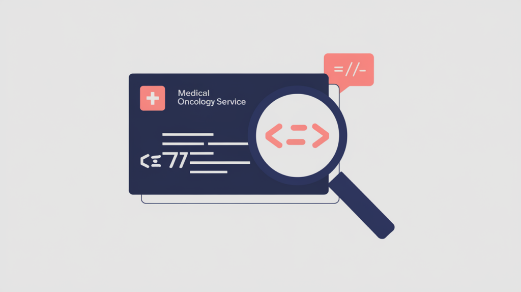 Abstract illustration of a magnifier detecting an Oncologic JSON-LD schema type in raw HTML source, in RankGear indigo and coral.