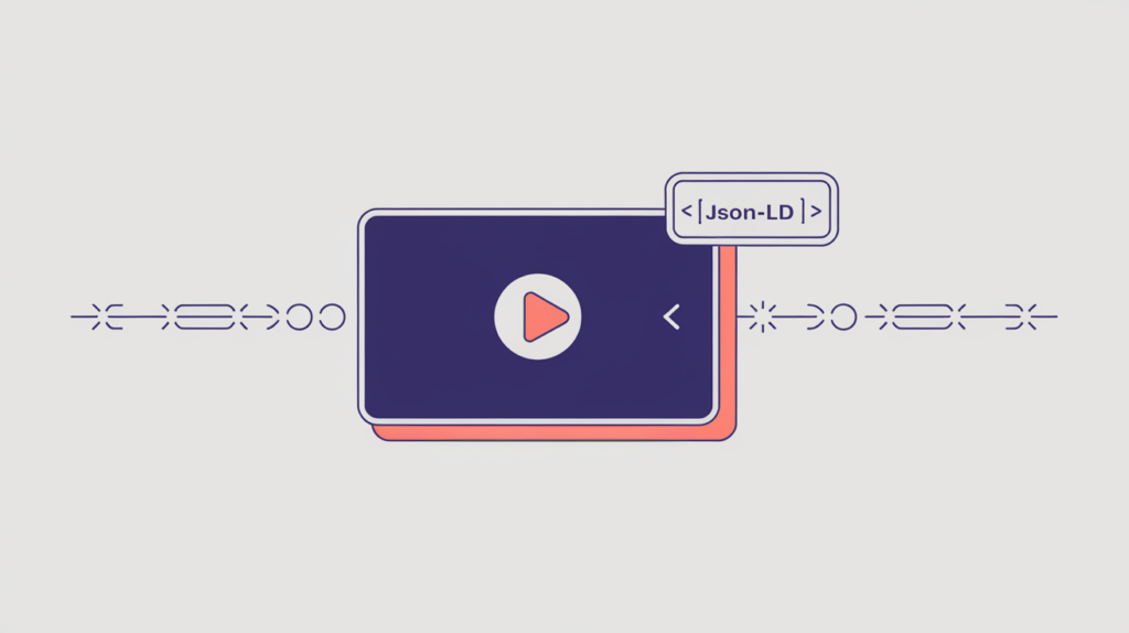 Abstract illustration of an on-demand video play button linked to a JSON-LD schema tag, in RankGear indigo and coral.