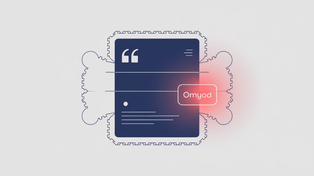 Abstract illustration of an opinion article card wrapped in JSON-LD schema braces, in RankGear indigo and coral.
