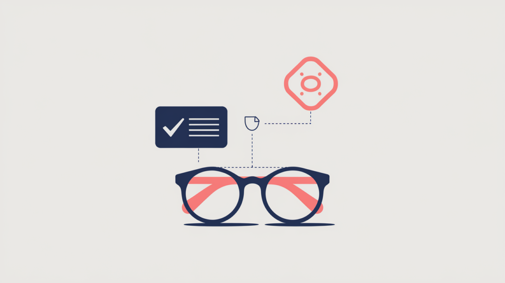 Abstract illustration of an optician's eyeglasses linked to a JSON-LD schema data card, in RankGear indigo and coral.