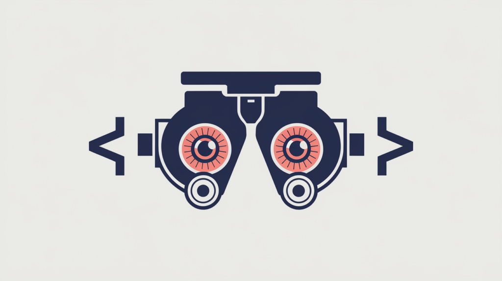 Abstract illustration of optometric JSON-LD schema detection, a phoropter and eye chart formed from code brackets, in RankGear indigo and coral.